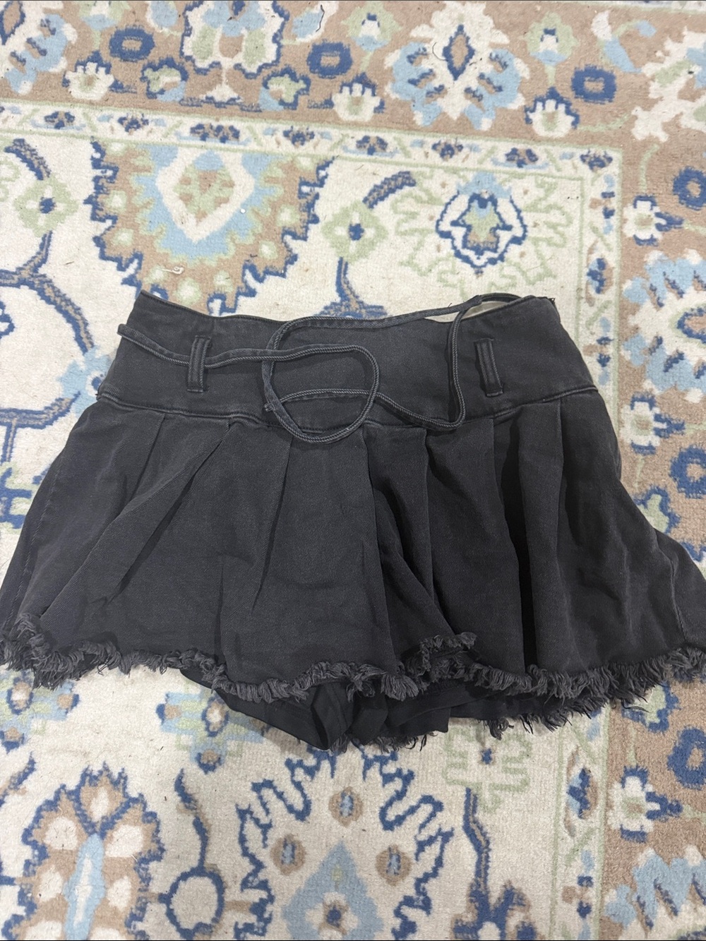Black Pleated Skort with Frayed Hem and Waist Tie